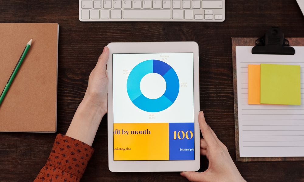 Tablet showing pie chart on desk with hands, keyboard, and notepad in office setting.