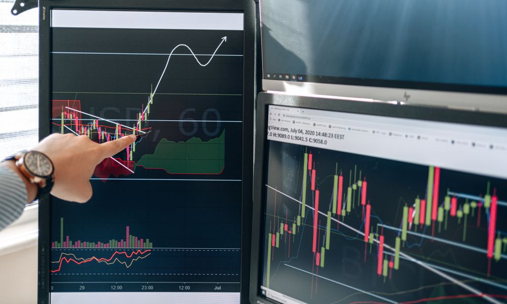 Person pointing at stock market graphs on dual monitors in a modern workspace.