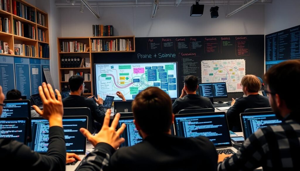 A bustling open-source coding workshop, with web developers collaborating at sleek workstations. Bright, task-focused lighting illuminates the scene, capturing the intensity of their shared focus. In the foreground, hands gesture animatedly over laptop screens, showcasing intricate code snippets. The middle ground features a large, interactive whiteboard covered in colorful diagrams and flowcharts, representing the group's collective problem-solving. In the background, shelves of technical books and a wall display of programming languages and frameworks hint at the depth of their expertise. An atmosphere of intellectual curiosity and camaraderie pervades the space, reflecting the spirit of open-source collaboration.