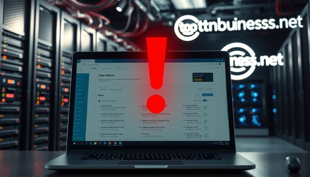 A busy WordPress dashboard with an oversized red exclamation mark icon, representing the critical impact of cache buildup on site performance. In the foreground, a sleek, modern laptop displays a WordPress admin panel, the screen flickering with warnings. The middle ground features a network of server racks, cables, and data visualizations, hinting at the complex infrastructure underlying the CMS. In the background, a tontonbusiness.net logo shines brightly, symbolizing the importance of optimizing the site for optimal user experience. Lighting is stark and dramatic, creating a sense of urgency and the need for action. The overall mood conveys the gravity of cache-related issues and the necessity of proactive cache management.
