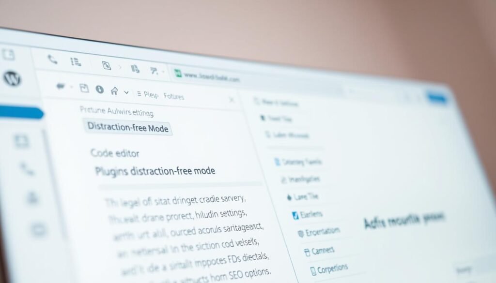 A close-up view of a WordPress editor interface, showcasing the various settings and options available. The foreground features the main editing pane with rich text formatting tools, a distraction-free mode, and a code editor. The middle ground displays the sidebar panel with plugin settings, media management, and SEO options. The background subtly fades into a soft, muted tone, creating a professional and focused atmosphere. The lighting is soft and evenly distributed, accentuating the clean, modern interface design. The camera angle is slightly elevated, providing a clear, comprehensive view of the editor's capabilities and customization potential.