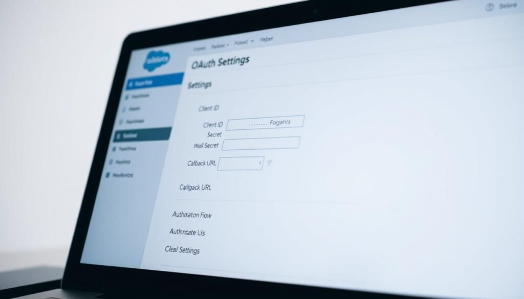 A close-up view of a laptop screen displaying the Salesforce OAuth settings panel. The interface showcases various configuration options such as client ID, client secret, callback URL, and authorization flow settings. The screen is illuminated by a soft, indirect lighting, creating a calm and professional atmosphere. The background is slightly blurred, keeping the focus on the detailed Salesforce interface. The overall composition emphasizes the importance of these settings in the process of integrating Salesforce with other applications, such as WordPress.