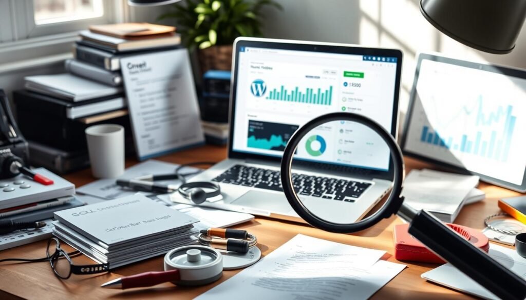 A cluttered desk with various WordPress plugins and tools, a laptop showing a subscriber analytics dashboard, and a magnifying glass highlighting key metrics. The scene is illuminated by a soft, natural light, creating a focused and professional atmosphere. The plugins are displayed prominently, showcasing their essential role in tracking and understanding a website's subscriber base. The overall composition conveys the importance of leveraging the right tools to effectively manage and grow a WordPress subscriber audience.