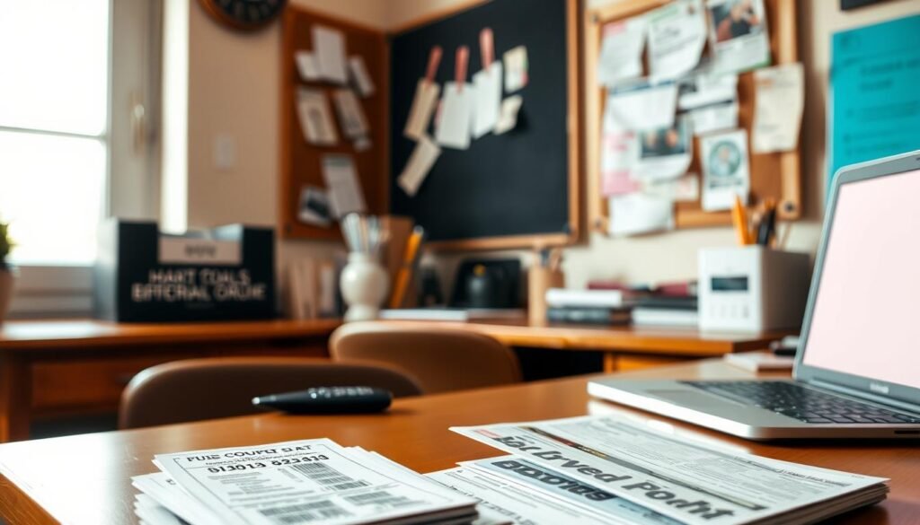 A cozy home office with a wooden desk, a laptop, and various office supplies. In the foreground, a stack of coupon codes and a calculator, hinting at the strategic use of discounts. The middle ground features a corkboard with handwritten notes and clippings, reflecting the process of finding and organizing promotional offers. The background has a warm, natural lighting, creating a focused and productive atmosphere, ideal for optimizing free shipping opportunities.