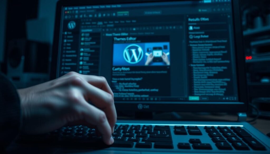 A dark, cluttered computer screen showcases the WordPress theme editor, its complex interface and numerous options representing the potential risks of unauthorized modifications. In the foreground, a cautious hand hovers over the keyboard, hesitant to make changes. The scene is bathed in an ominous, bluish hue, creating a sense of unease and the need for caution. The background is blurred, drawing the viewer's focus to the central theme editor, highlighting the weight of the decision to alter the website's design. The composition conveys the delicate balance between the power of the theme editor and the risks of making ill-advised changes, setting the stage for the introduction to the article's topic.