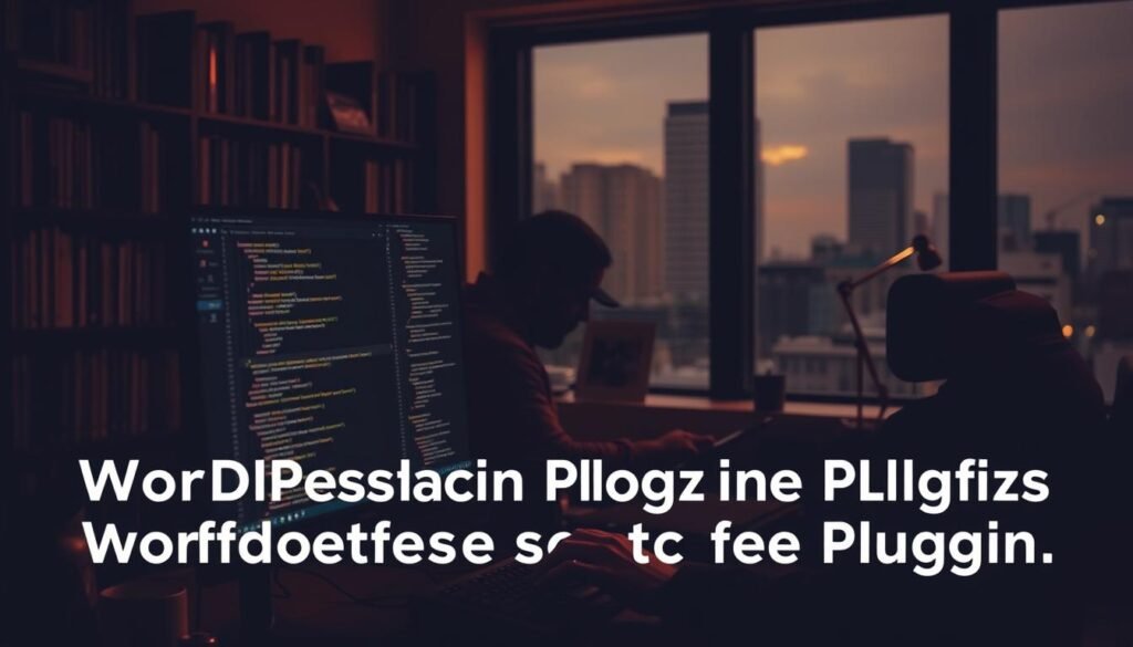 A dimly lit office setting, with a developer's workstation in the foreground. On the computer screen, a WordPress plugin debugging interface is displayed, showcasing various tools and techniques. In the middle ground, the developer is intently focused, their hands typing away at the keyboard. The background features a bookshelf filled with programming references and a window overlooking a cityscape, conveying a sense of expertise and professionalism. The lighting is a warm, amber hue, creating a contemplative atmosphere. The scene captures the essence of troubleshooting and refining a WordPress plugin to ensure a smooth user experience.