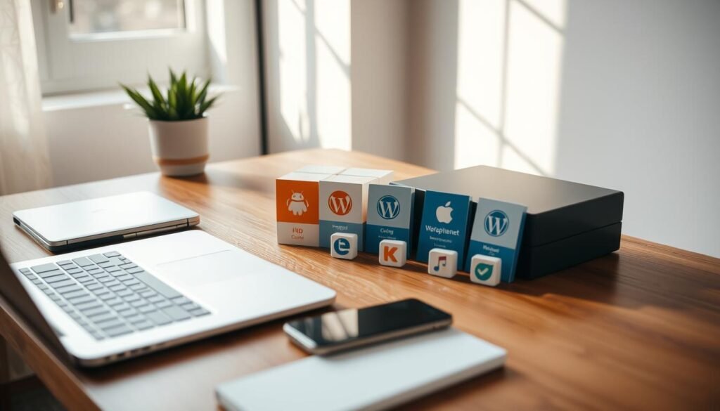 A serene, minimalist workspace with a laptop, smartphone, and various WordPress caching plugins neatly arranged on a wooden desk. Soft, natural lighting filters through a nearby window, casting a warm glow on the scene. The plugins, represented by simple, colorful icons, are the focal point, showcasing their purpose and functionality. The tontonbusiness.net brand is subtly incorporated into the desktop environment. The overall atmosphere conveys a sense of productivity, organization, and the ease of managing WordPress caching.