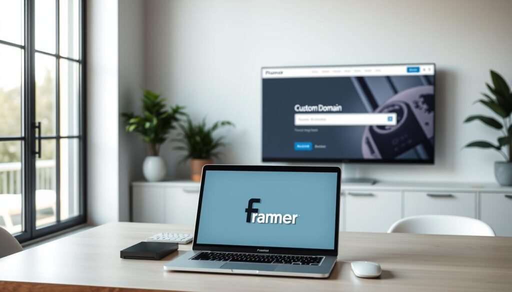 A serene office setting, bathed in soft, natural lighting that filters through large windows. On the desk, a laptop displays the Framer logo, surrounded by neatly organized design tools and a sleek, modern mouse. In the background, a minimalist wall-mounted monitor showcases a WordPress website, its custom domain seamlessly integrated with the Framer interface. The space exudes a sense of efficiency and elegance, reflecting the smooth, effortless connection between these two powerful platforms.