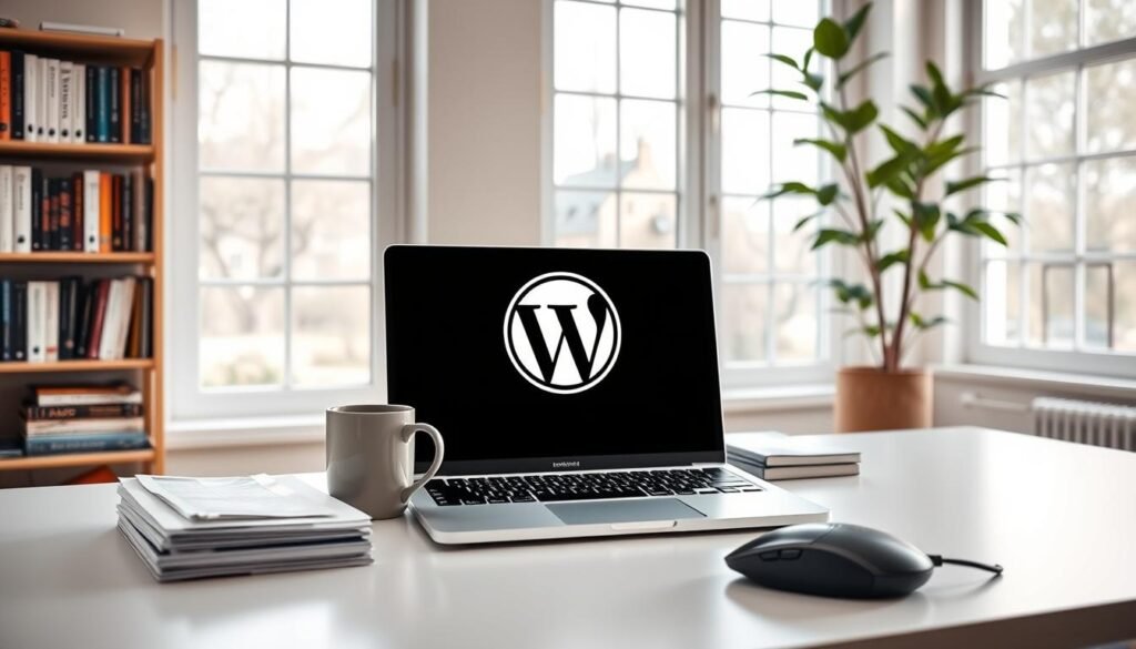 A serene, well-lit workspace with a laptop, coffee mug, and a WordPress logo prominently displayed on the screen. The laptop is situated on a clean, minimalist desk, surrounded by neat stacks of reference materials and a tactile, ergonomic mouse. Soft natural light filters in through large windows, creating a warm, productive atmosphere. In the background, a bookshelf filled with programming resources and a potted plant add subtle hints of greenery, conveying a sense of focus and tranquility. The overall scene evokes a professional, yet comfortable WordPress development environment setup, ready to facilitate the creative process.