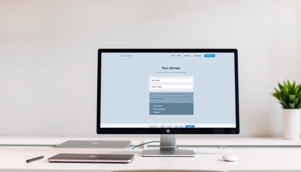 A sleek and modern-looking computer screen displaying the Framer website's custom domain setup interface. The screen is situated on a minimalist desk, with a stylish laptop and a few simple office accessories in the foreground. The background features a blurred, neutral-toned wall, creating a clean and professional atmosphere. The lighting is soft and evenly distributed, highlighting the details of the screen and creating a sense of depth. The camera angle is slightly elevated, giving a clear view of the Framer custom domain setup process, showcasing its user-friendly interface and intuitive design.