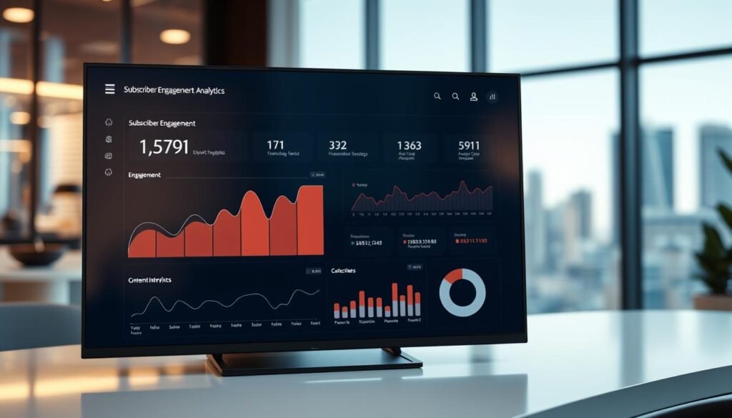 A sleek, minimalist dashboard interface showcasing subscriber engagement analytics on a high-resolution display. In the foreground, elegant line graphs and pie charts illustrate key metrics such as subscriber growth, engagement rate, and content interaction. The middle ground features neatly organized data visualizations, with a sophisticated color palette and clean typography. In the background, a blurred cityscape or elegant office environment provides a subtle contextual setting, emphasizing the professional, data-driven nature of the scene. Soft, directional lighting casts a warm, inviting glow, creating a sense of clarity and insightfulness. The overall composition conveys an air of analytical precision and data-driven decision-making.