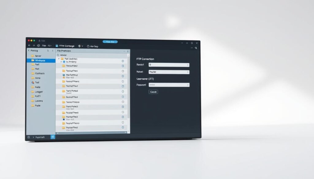 A sleek, modern file manager interface with an FTP connection panel prominently displayed. The foreground shows a directory tree and file preview pane, conveying a sense of organization and control. The middle ground features the FTP connection details, with server address, username, and password fields. The background is a minimalist, light-colored workspace, creating a professional, technical atmosphere. Soft, directional lighting casts subtle shadows, emphasizing the layout and functionality. The overall impression is one of a powerful, yet intuitive tool for managing website files and easily reverting changes.
