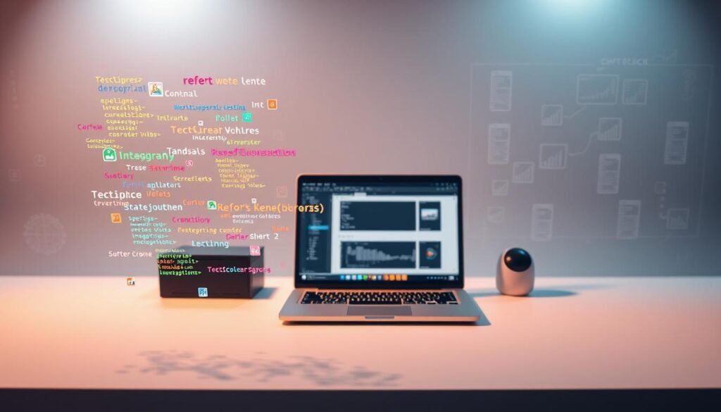 A sleek, modern web developer's workstation against a minimalist backdrop. In the foreground, an array of colorful code snippets, software icons, and various programming languages hover in mid-air, arranged in a dynamic, visually striking layout. The middle ground features a laptop displaying a sophisticated web application, its interface clean and intuitive. In the background, subtle wireframe grids, data visualizations, and subtle technological motifs create a sense of depth and technical sophistication. Warm, focused lighting illuminates the scene, casting subtle shadows and highlights that enhance the overall sense of depth and professionalism.