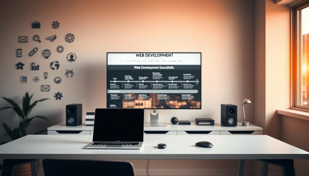 A sleek, modern web development workspace with a focused, thoughtful atmosphere. In the foreground, a minimalist desk with a laptop, mouse, and a clean, organized workspace. On the wall behind, various web development icons and symbols in muted tones, representing the different niches and specializations. The middle ground features a large, high-resolution monitor displaying a web development roadmap, with different paths and options for specialization. The background is a soft, blurred cityscape, hinting at the wider context and potential applications of web development skills. Warm, directional lighting from a window to the side, creating a sense of depth and focus.