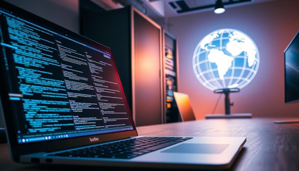 A sleek, modern web development workspace. In the foreground, a laptop displays intricate code, representing the intricacies of front-end development. In the middle ground, a server rack stands tall, symbolizing the power and complexity of back-end systems. In the background, a stylized globe illuminates the interconnected nature of full-stack development, bridging the gap between client and server. The scene is bathed in a soft, warm light, conveying a sense of focus and productivity. The overall composition suggests the depth and breadth of web development specializations, inviting the viewer to explore the multi-faceted world of web development.
