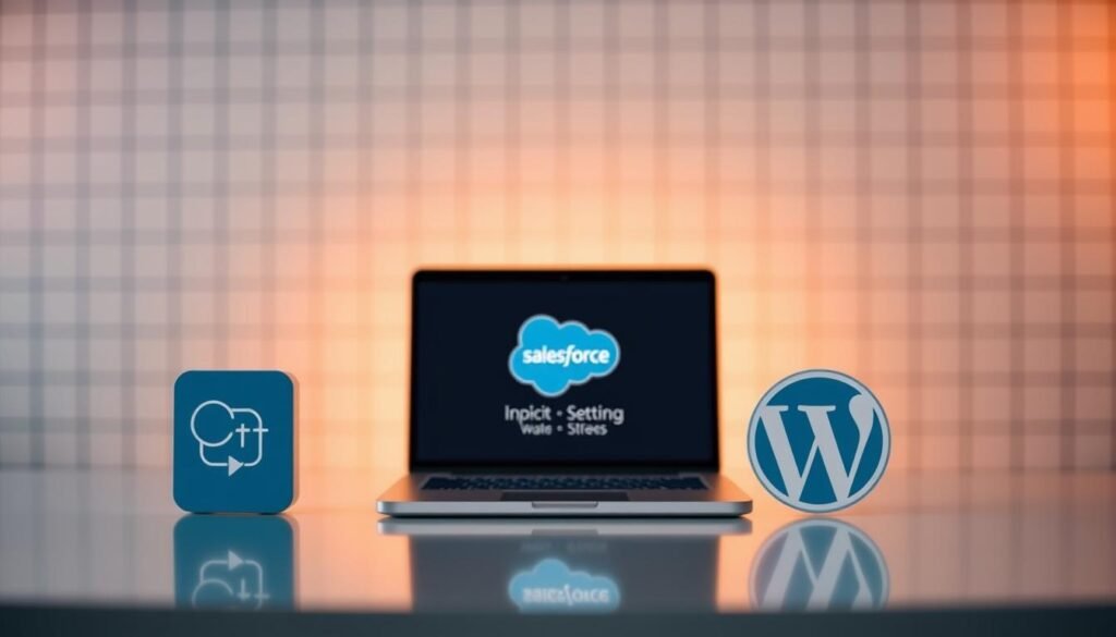 A sleek, visually striking comparison of Salesforce WordPress plugins against a clean, modern backdrop. The foreground features three distinct plugin icons - one each for integration, automation, and data sync - arranged symmetrically. The middle ground showcases a laptop display with a Salesforce and WordPress logo, hinting at the seamless integration process. The background has a subtle grid pattern, conveying a sense of structure and organization. Warm, diffused lighting creates a professional, polished atmosphere, while a shallow depth of field keeps the focus on the key plugin elements. The overall composition is balanced, visually appealing, and effectively communicates the "Setting Up Your Salesforce and WordPress Integration" concept.