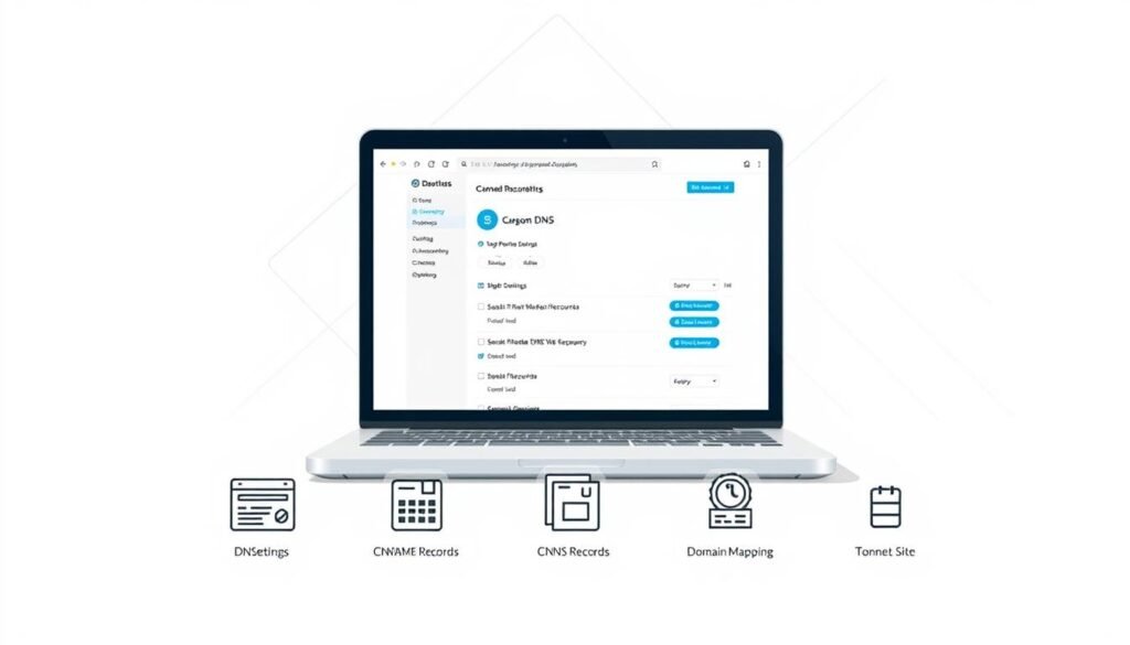 A step-by-step DNS configuration guide, illustrated in a clean, technical style. In the foreground, a series of stylized icons representing DNS settings, CNAME records, and domain mapping. The midground features a laptop screen displaying a web browser with an intuitive DNS management interface. The background showcases a geometric, minimalist design with subtle grid lines, conveying a sense of order and precision. The lighting is soft and diffused, creating a calm, professional atmosphere. The camera angle is slightly elevated, offering a comprehensive view of the process. The overall tone is informative, educational, and visually appealing to assist users in easily connecting a WordPress site to a custom domain.