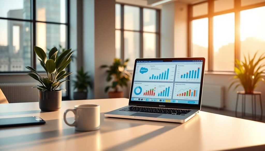 A stylish and modern office setting, bathed in warm lighting from large windows. On a sleek, minimalist desk, a laptop displays various Salesforce data presentation formats - colorful charts, graphs, and dashboards showcasing key performance metrics. A potted plant and a mug of coffee add a touch of life to the scene. The angle is slightly elevated, capturing the professionalism and efficiency of the workspace. The mood is one of productivity and data-driven insights, reflecting the seamless integration of Salesforce and WordPress.