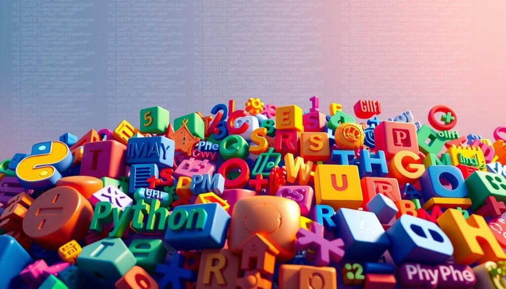 A vibrant, high-resolution, digital illustration showcasing an array of programming languages represented as colorful, three-dimensional objects. The foreground features prominently displayed languages like Python, JavaScript, Java, C++, and Ruby, each with distinctive shapes, textures, and hues. The middle ground includes a diverse collection of other popular languages, such as PHP, Swift, Rust, and Go, arranged in a dynamic, visually appealing composition. The background depicts a stylized, minimalist, code-inspired landscape, with subtle lighting and shadows that enhance the depth and dimensionality of the scene. The overall mood is one of technical sophistication, creativity, and the collaborative nature of modern software development.