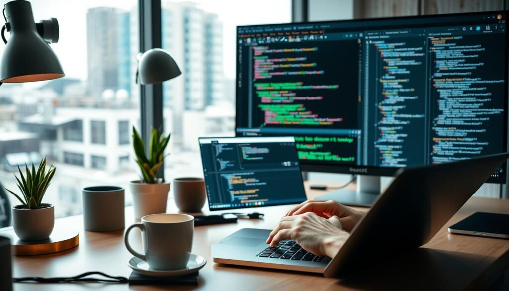 A well-lit, high-resolution scene depicting the technical duties of a web developer. In the foreground, a developer's hands typing code on a modern laptop, surrounded by a minimalist desk setup with a stylish desk lamp, coffee mug, and potted plant. In the middle ground, various web development tools and technologies are displayed, such as a code editor, browser windows, and development frameworks. The background showcases a large monitor displaying a complex web application, with a blurred cityscape visible through a window, conveying a sense of a professional, focused work environment.