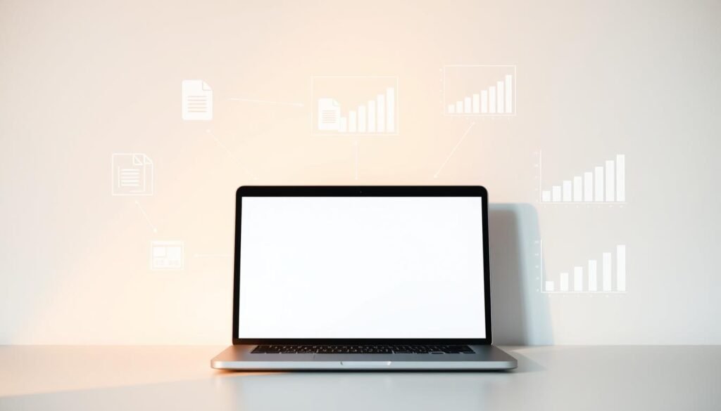 Sleek laptop against a minimalist white backdrop, casting a soft shadow. Wireframe diagrams and charts hover around it, depicting file compression, optimization techniques, and website performance metrics. Subtle warm lighting illuminates the scene, creating a sense of focus and clarity. The layout is clean and uncluttered, emphasizing the importance of efficient image file management for seamless website experiences.