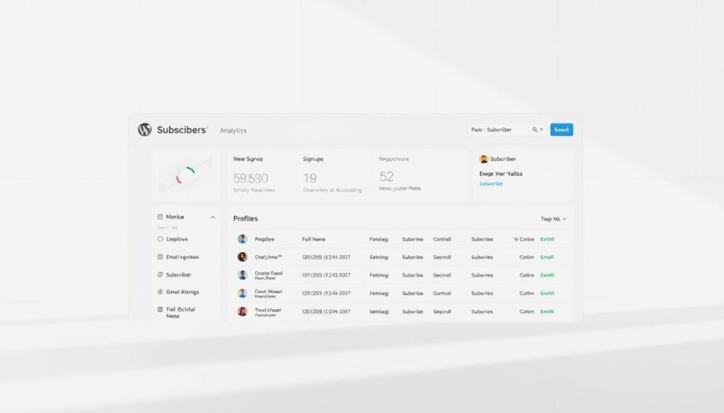 WordPress subscriber dashboard interface, showcasing a clean, modern layout with a focus on subscriber analytics and management. The foreground depicts a sleek dashboard displaying subscriber count, new signups, and engagement metrics, presented in a minimalist, data-driven style. The middle ground features a list of subscriber profiles, including their names, email addresses, and subscription status, all organized in a user-friendly table. The background subtly blends a soft, neutral color palette with faint grid lines, creating a sense of structure and professionalism. Lighting is soft and natural, conveying a sense of clarity and accessibility. The overall mood is one of efficiency, control, and a deep understanding of the WordPress subscriber base.