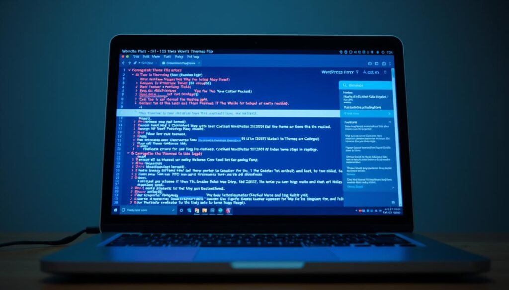 a highly detailed, photorealistic image of a laptop screen displaying WordPress theme file errors, with a cluttered and confusing user interface, conveying a sense of technical complexity and potential issues. The screen shows various error messages, warning signs, and a file hierarchy, all bathed in a harsh, bluish-white light typical of digital displays. The laptop is positioned on a desk, with a neutral, slightly out-of-focus background that emphasizes the focal point of the screen. The overall mood is one of frustration and concern, reflecting the challenges of dealing with theme file errors in a WordPress website.