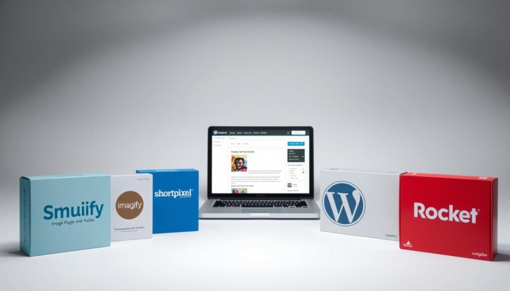 a professional photography studio backdrop with a clean, minimalist design, featuring a variety of popular WordPress image optimization plugins displayed prominently in the foreground, including Smush, Imagify, Shortpixel, and WP Rocket. The plugins are arranged in an organized, visually appealing manner, with clean shadows and highlights to accentuate their features. The middle ground showcases a laptop displaying the WordPress dashboard, with the &quot;Leveraging Plugins and Tools for Image Optimization&quot; section highlighted. The background is a soft, subtle gradient, creating a sense of depth and focus on the main subject matter. The overall mood is one of efficiency, professionalism, and the effective use of technology to optimize images for a WordPress blog.