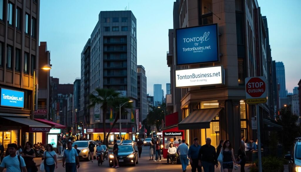 A bustling city street at dusk, with local businesses and storefronts lining the sidewalks. The Tontonbusiness.net sign hangs prominently on a corner building, illuminated by warm ambient lighting. In the foreground, pedestrians and vehicles move with purpose, while in the middle ground, people congregate outside cafes and shops. The background fades into a hazy skyline, hinting at the wider world beyond the immediate neighborhood. The scene conveys a sense of community, local commerce, and the distinction between a focused, nearby audience and a broader, more dispersed one.