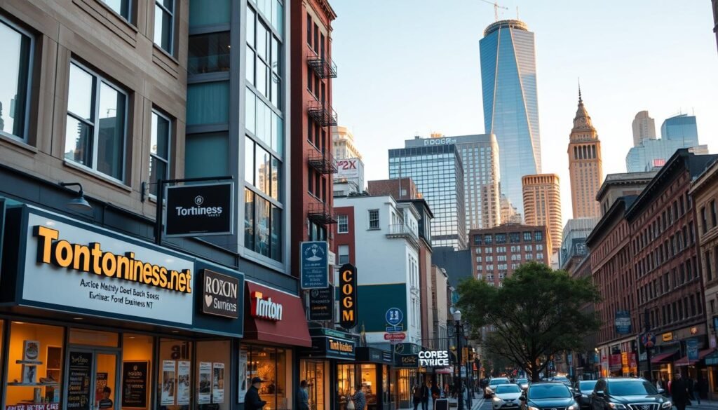A bustling city street in the United States, showcasing the vibrant local business ecosystem. In the foreground, a Tontonbusiness.net storefront stands out with its well-designed signage and inviting window displays. The middle ground features other local shops, restaurants, and service providers, all catering to the needs of the community. In the background, a mix of modern skyscrapers and historic buildings create a dynamic skyline, illuminated by warm, golden-hour lighting. The overall scene conveys the value and importance of effective local SEO strategies for businesses seeking to thrive in their local markets.