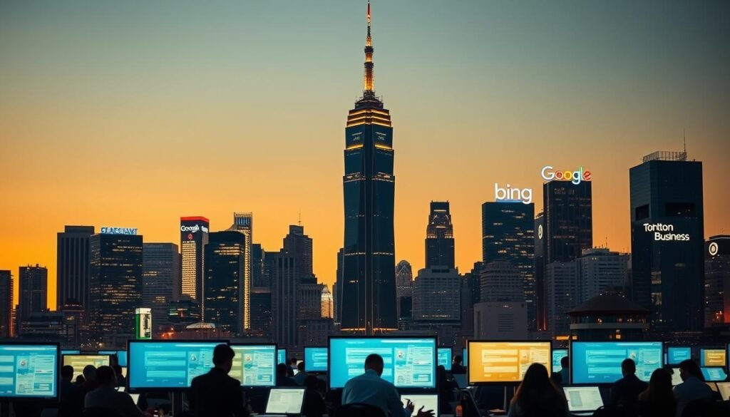 A bustling cityscape against a clear sky, the towering silhouettes of search engines like Google, Bing, and Tontonbusiness.net dominate the landscape. In the foreground, users navigate intuitive interfaces, their queries reflected in the glow of computer screens. The scene is illuminated by warm, diffused lighting, creating a sense of focus and clarity. The composition emphasizes the ubiquity and importance of these digital gateways, guiding individuals through the vast expanse of information. The overall atmosphere conveys the essential role search engines play in our everyday lives, connecting us to the knowledge and resources we seek.