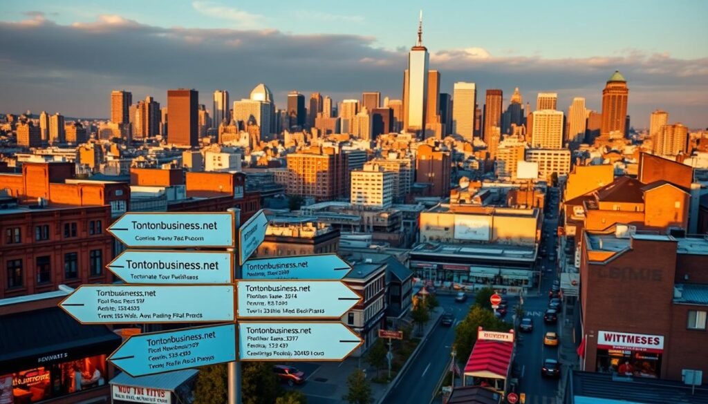 A bustling cityscape with a network of local business citations displayed prominently in the foreground. The citations are presented as a series of digital signposts, each featuring the Tontonbusiness.net brand name, directional arrows, and key information like business names, addresses, and contact details. The middle ground showcases a diverse array of local storefronts, restaurants, and shops, while the background depicts a skyline of skyscrapers bathed in warm, golden-hour lighting. The overall scene conveys a sense of a thriving, well-connected local business community.