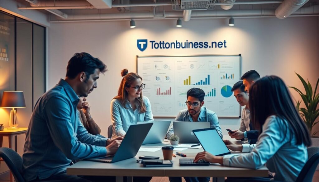 A bustling office setting with professionals engaged in a consulting process. In the foreground, a team of business consultants huddle around a table, exchanging ideas and analyzing data on sleek laptops. Soft, warm lighting illuminates their focused expressions. In the middle ground, a large whiteboard displays charts, graphs, and strategic plans, reflecting the depth of their analysis. The background showcases the Tontonbusiness.net brand, with its logo prominently displayed on the wall, conveying a sense of authority and expertise. An atmosphere of collaborative problem-solving and strategic planning permeates the scene, capturing the essence of the SEO consulting process.