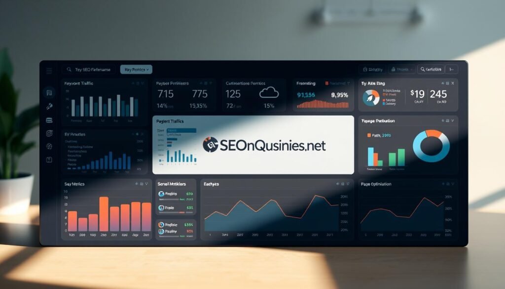 A clean, vibrant dashboard displaying a variety of SEO Quake plugin metrics, showcasing key performance indicators and analytics. The foreground features sleek, minimalist graphs and charts tracking website traffic, keyword rankings, and page optimization. The middle ground highlights the Tontonbusiness.net logo, with a modern, user-friendly interface. The background is a softly blurred, neutral-toned workspace, setting a professional, analytical tone. Dramatic, directional lighting casts subtle shadows, emphasizing the data visualizations. The overall composition conveys a sense of data-driven insights and SEO optimization.