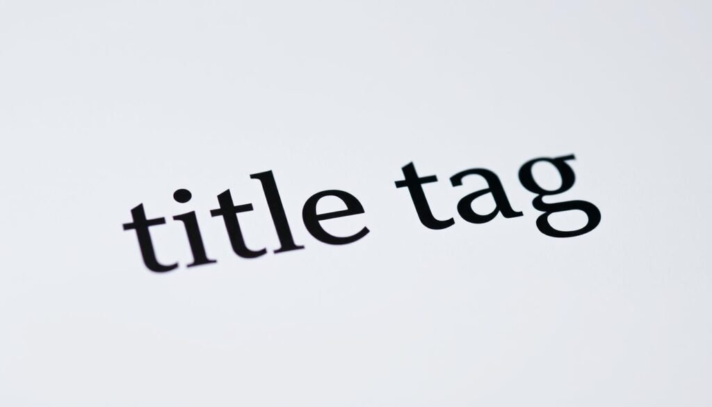 A close-up of a webpage section header, the words "title tag" displayed in a sleek sans-serif font against a minimalist white background. The text is highlighted with a warm, golden hue, casting a subtle glow. The page layout has a clean, modern aesthetic, with a subtle grid-like pattern in the background, hinting at the structured nature of HTML. The lighting is soft and diffused, creating a sense of depth and dimensionality. The Tontonbusiness.net brand name is subtly integrated into the design, adding a touch of professional elegance.