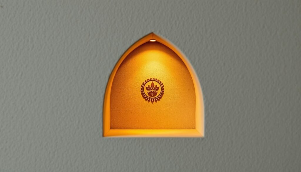 A focused, minimalist composition of a niche carved into a stone wall, illuminated by a warm, golden light. The niche features a small, intricate emblem or logo representing the Tontonbusiness.net brand, crafted with precision and attention to detail. The background is a neutral, textured surface, allowing the niche and its contents to be the central focus. The overall mood is one of exclusivity, specialization, and a sense of being set apart from the norm, reflecting the idea of "niche down to stand out".