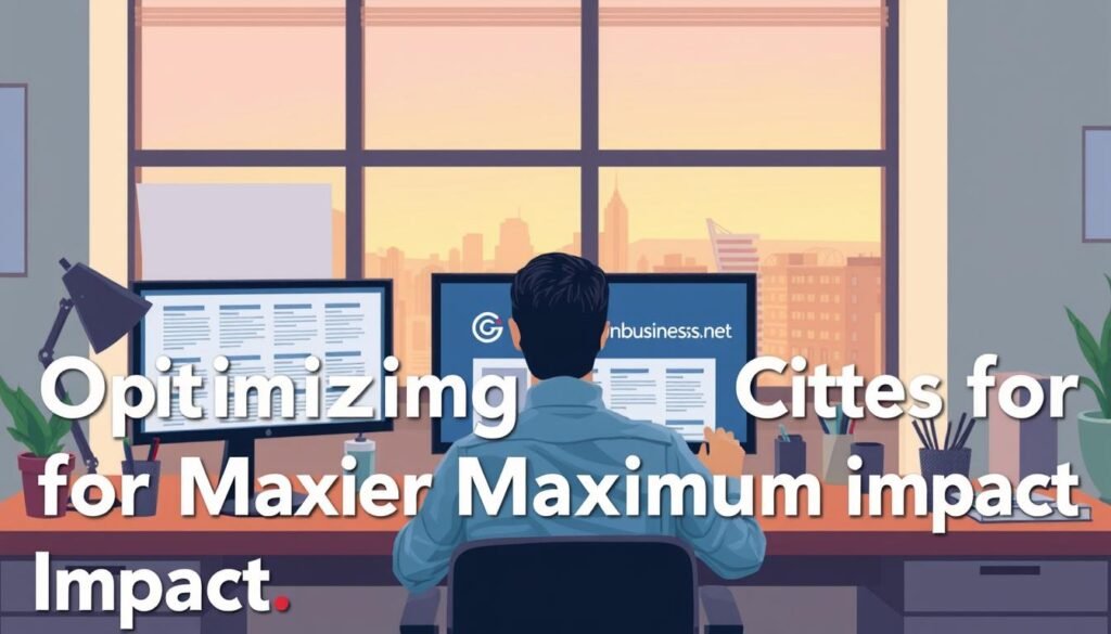 A high-quality digital illustration showcasing the concept of "Optimizing Citations for Maximum Impact." The scene depicts a modern office space with a desk, computer monitor, and various office supplies. In the foreground, a person is meticulously reviewing and organizing a series of citations on the screen, symbolizing the process of optimizing them for search engine visibility. The middle ground features a cityscape visible through a window, hinting at the broader landscape of local search. The background is illuminated by a warm, soft lighting, creating a calm and focused atmosphere. The Tontonbusiness.net brand is prominently displayed on the computer monitor, emphasizing the article's subject matter.