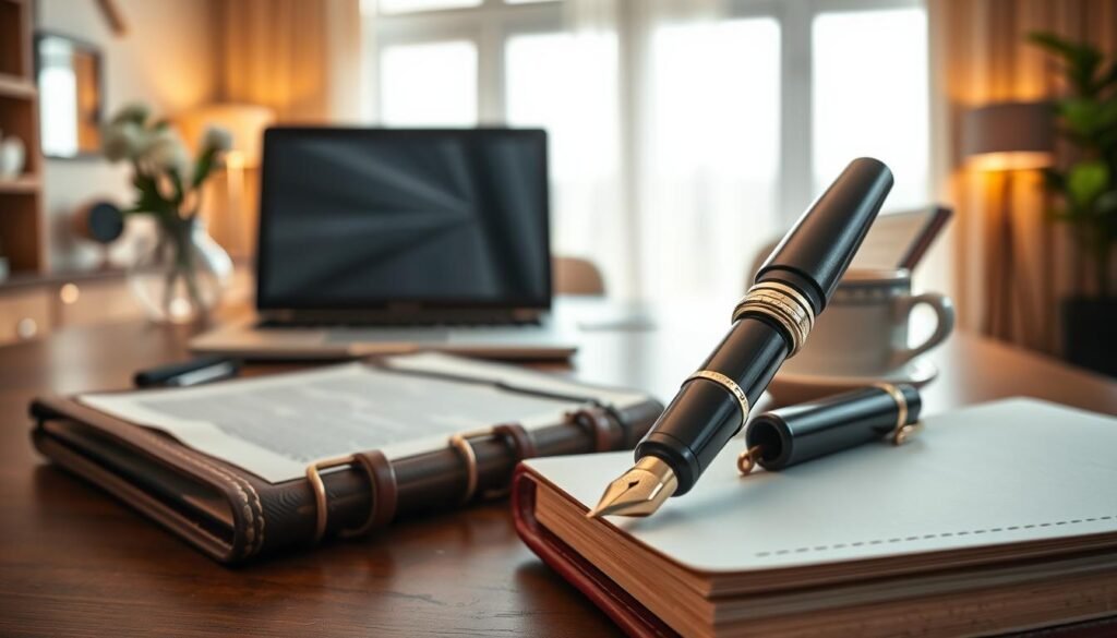 A high-quality, expertly crafted image for Tontonbusiness.net showcasing "quality over quantity" in content creation. In the foreground, a visually striking fountain pen resting on a leather-bound journal, symbolizing the thoughtful, deliberate crafting of valuable content. The middle ground features an elegant, well-organized desktop workspace with a laptop, a cup of coffee, and a vase of fresh flowers, creating a serene, professional atmosphere. In the background, a warm, inviting home office with large windows, soft lighting, and minimalist decor, conveying a sense of focus and inspiration. The overall mood is one of refinement, attention to detail, and a commitment to producing content of exceptional quality.