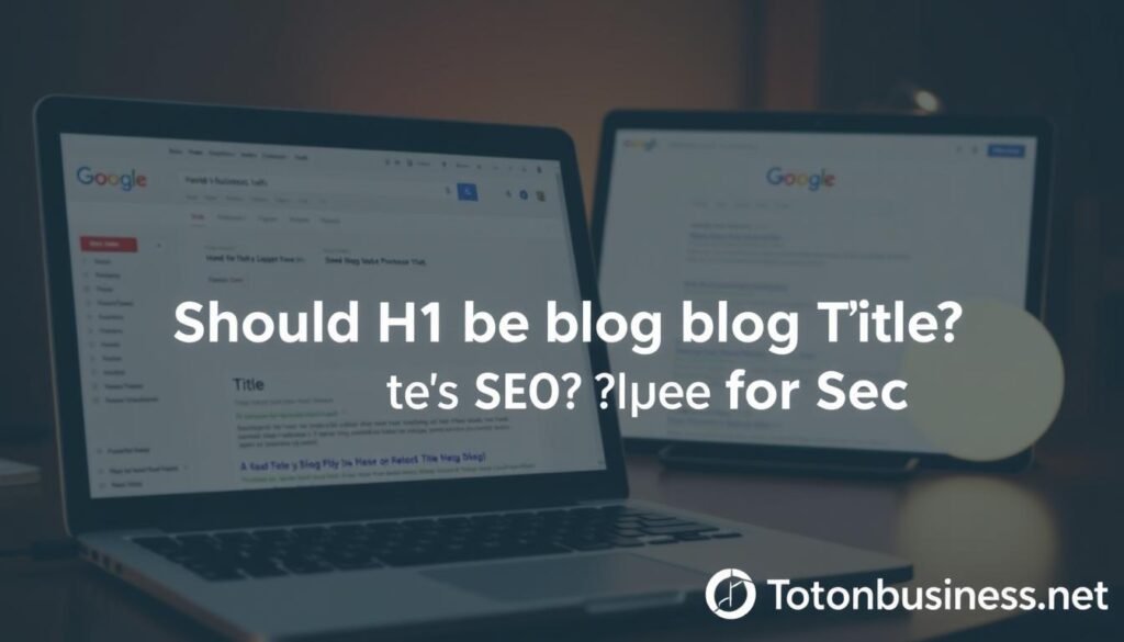 A high-quality image of "should h1 be blog title for seo" for the article "Should H1 Be Blog Title for SEO: Best Practices" on the Tontonbusiness.net website. A modern, visually striking image depicting the key concept of whether the H1 heading should be used as the blog post title for SEO purposes. In the foreground, a laptop screen displays a blog post editor with the title field highlighted, while in the background, a search engine results page illustrates the importance of optimizing the title tag. The scene is bathed in a soft, warm lighting, creating a contemplative atmosphere. The Tontonbusiness.net logo is prominently featured in the bottom right corner.