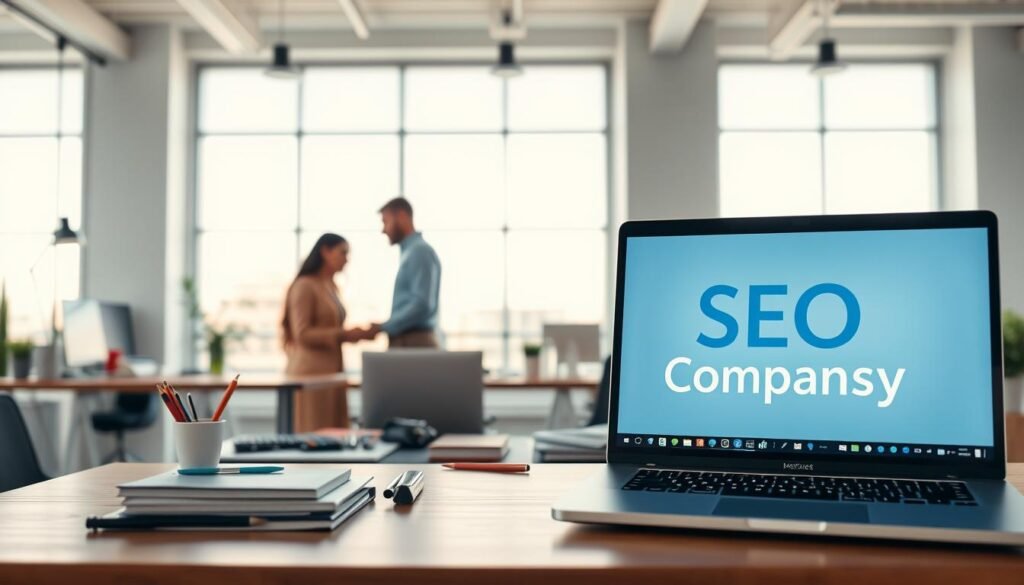 A high-quality, professional image of a modern, minimalist office space featuring the Tontonbusiness.net brand. In the foreground, a laptop with "SEO Company" displayed on the screen, surrounded by various productivity tools and office supplies. In the middle ground, a team of diverse professionals collaborating, conveying the expertise and teamwork of an SEO agency. The background showcases large windows, allowing natural light to flood the space, creating a warm and inviting atmosphere. The overall mood is one of productivity, innovation, and digital marketing success.