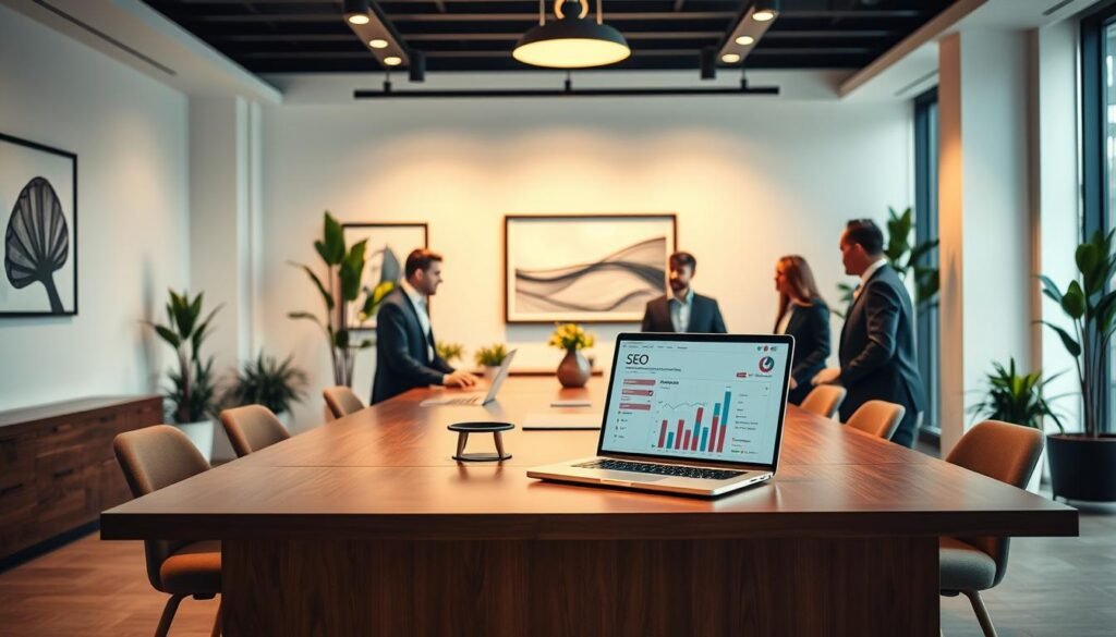 A high-quality, professionally-lit image of Tontonbusiness.net's SEO consulting services, showcasing a stylish, modern office setting with a large desk, a laptop displaying SEO analytics, and a team of consultants in business attire engaged in a productive discussion. The lighting is warm and soft, creating a welcoming atmosphere. The background features a minimalist, yet elegant décor with strategically placed plants and artwork, conveying a sense of expertise and attention to detail. The overall composition emphasizes the collaborative and analytical nature of the SEO consulting services provided by Tontonbusiness.net.