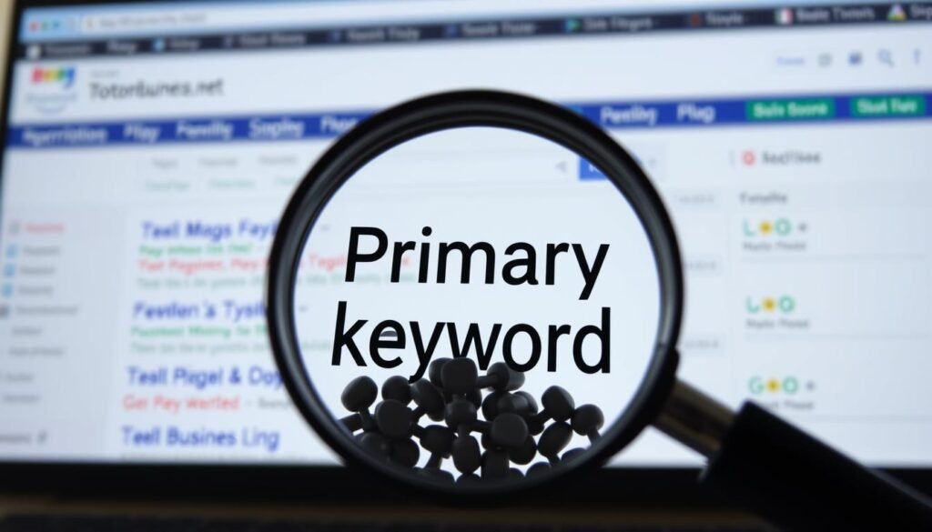 A high-resolution, detailed illustration of the "primary keyword" concept. The foreground shows a magnifying glass hovering over a cluster of keywords, emphasizing the importance of the primary keyword. The middle ground features a search engine interface with organic results, highlighting the impact of primary keywords on rankings. The background depicts the Tontonbusiness.net brand logo, subtly integrated into the scene. The lighting is soft and natural, creating a professional, informative atmosphere. The camera angle is slightly elevated, providing a comprehensive view of the visual metaphor.