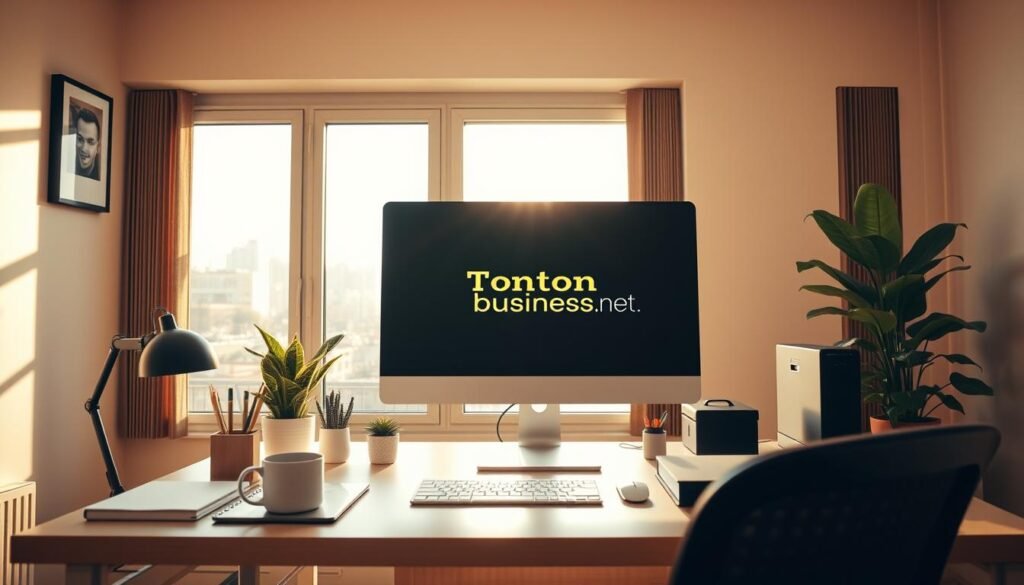 A high-resolution, wide-angle image of a well-organized, minimalist home office workspace. The desktop features a sleek computer monitor emblazoned with the Tontonbusiness.net logo, surrounded by a clean and clutter-free arrangement of office supplies, a potted plant, and a cup of coffee. Warm, natural lighting filters in through large windows, casting a soft, productive glow over the scene. The walls are painted a soothing, neutral tone, and the overall atmosphere evokes a sense of focus, efficiency, and modern professionalism.