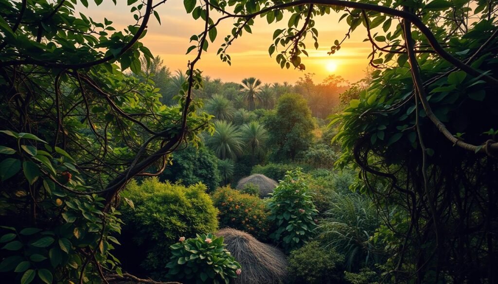A lush, organic landscape depicting the intricate web of search engine optimization. In the foreground, a vibrant green canopy of leaves and vines intertwine, representing the natural growth and evolution of a successful organic SEO strategy. The middle ground features a flourishing garden of flowers and vegetation, symbolizing the steady, sustainable progress achieved through targeted, high-quality content and user-centric optimization. In the background, a warm, golden-hued sky casts a serene, ethereal glow, evoking a sense of harmony and balance. The entire scene is captured through a wide-angle lens, showcasing the holistic, interconnected nature of organic SEO. Tontonbusiness.net