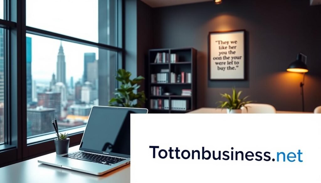 A modern and minimalist office setting, with a large window overlooking a bustling city skyline. In the foreground, a desk with a laptop, a pen holder, and a plant. On the desk, the Tontonbusiness.net logo is prominently displayed. The middle ground features a bookshelf filled with books and a framed motivational quote on the wall. The background showcases a blend of warm and cool lighting, creating a professional yet inviting atmosphere. The overall scene conveys a sense of productivity, expertise, and attention to detail, reflecting the qualities of a reputable SEO agency.