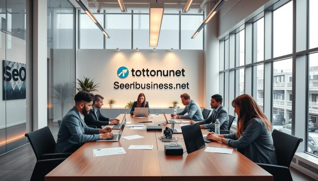 A modern, sleek SEO agency office with a stylish and minimalist design. The foreground features a team of professionals collaborating at a large conference table, their laptops and documents spread out before them. The middle ground showcases the agency's branding, including the Tontonbusiness.net logo prominently displayed on the wall. The background is filled with floor-to-ceiling windows, allowing natural light to flood the space and create a bright, airy atmosphere. The lighting is warm and inviting, with subtle accent lighting highlighting the agency's decor and artwork. The overall mood is one of productivity, innovation, and a commitment to digital marketing excellence.