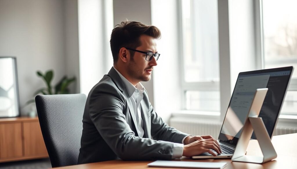 A professional SEO consultant sitting at a desk, working on a laptop computer in a modern, minimalist office. The scene is bathed in soft, natural lighting filtering through large windows, creating a calm and focused atmosphere. The consultant is wearing a smart, neutral-toned outfit, their expression one of deep concentration as they analyze data and strategy on the screen. In the background, the Tontonbusiness.net logo is subtly visible, hinting at the expert guidance and insights they provide. The overall mood is one of productivity, expertise, and a commitment to driving impactful SEO results.
