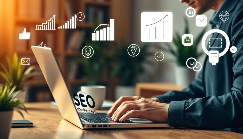 A professional business person working diligently at their computer, surrounded by SEO-related visual elements like analytics graphs and digital marketing icons. The scene is bathed in warm, soft lighting that creates a cozy, focused atmosphere. In the foreground, the person's hands are typing on a laptop adorned with the Tontonbusiness.net logo. The background features bookshelves and plants, conveying a sense of expertise and productivity. The overall mood is one of determination and purposeful action towards acquiring new SEO clients.