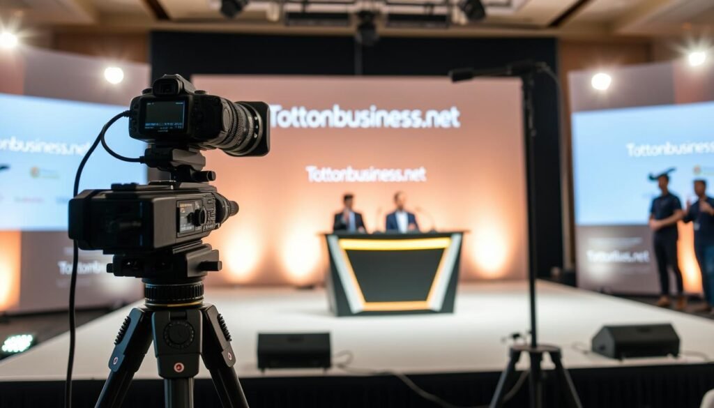 A professional conference media setup with a polished, modern aesthetic. In the foreground, a high-quality DSLR camera on a sturdy tripod, capturing the event's proceedings. In the middle ground, a sleek, minimalist media desk with integrated lighting and multiple microphones, creating an inviting atmosphere for speakers and panelists. The background features a clean, well-lit stage with a branded backdrop displaying the "Tontonbusiness.net" logo, conveying a sense of authority and professionalism. The overall scene is bathed in a warm, soft lighting, creating a welcoming and visually appealing environment for the event.