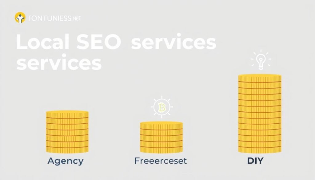 A professional, modern illustration depicting the relative costs of local SEO services from an agency, freelancer, and DIY approach. The foreground shows three stacks of coins representing the pricing tiers, with the agency stack being the tallest, followed by freelancer, and DIY. The middle ground features stylized icons for each service type. The background has a clean, minimalist design with the Tontonbusiness.net brand name prominently displayed.